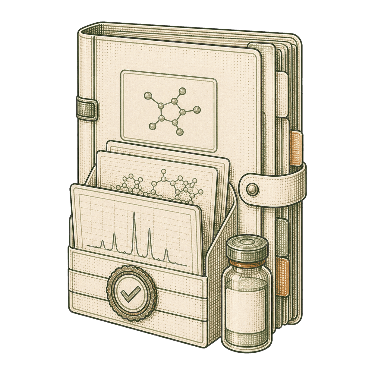 Archival research dossier with catalog records, a chromatogram, verification seal, and vial