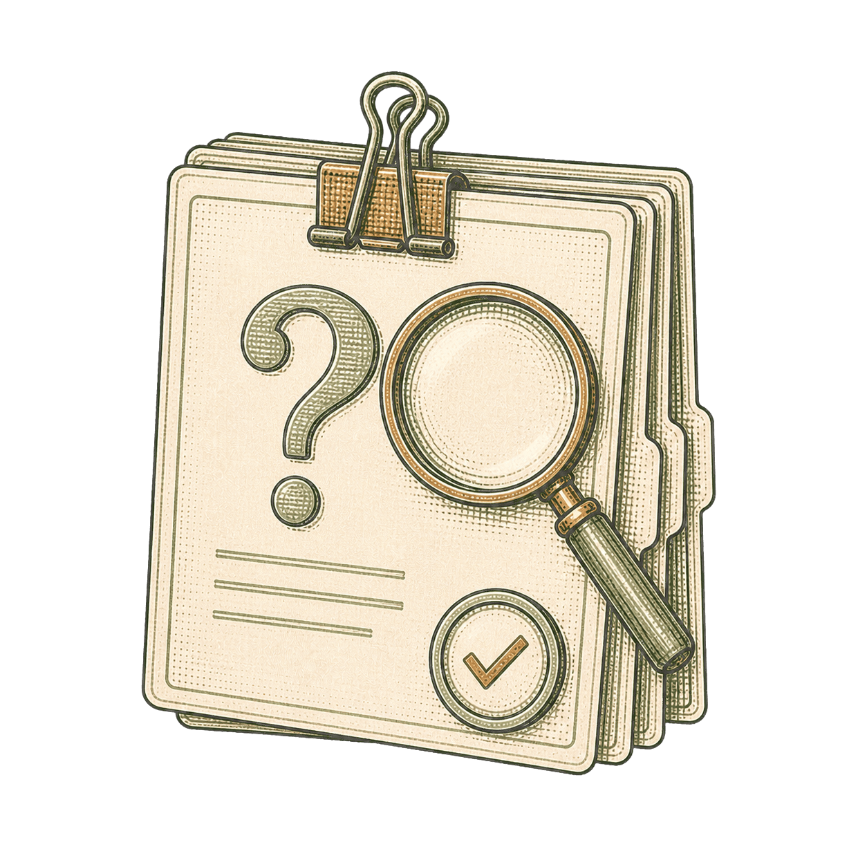 Archival question cards with a magnifying lens and verified answer seal
