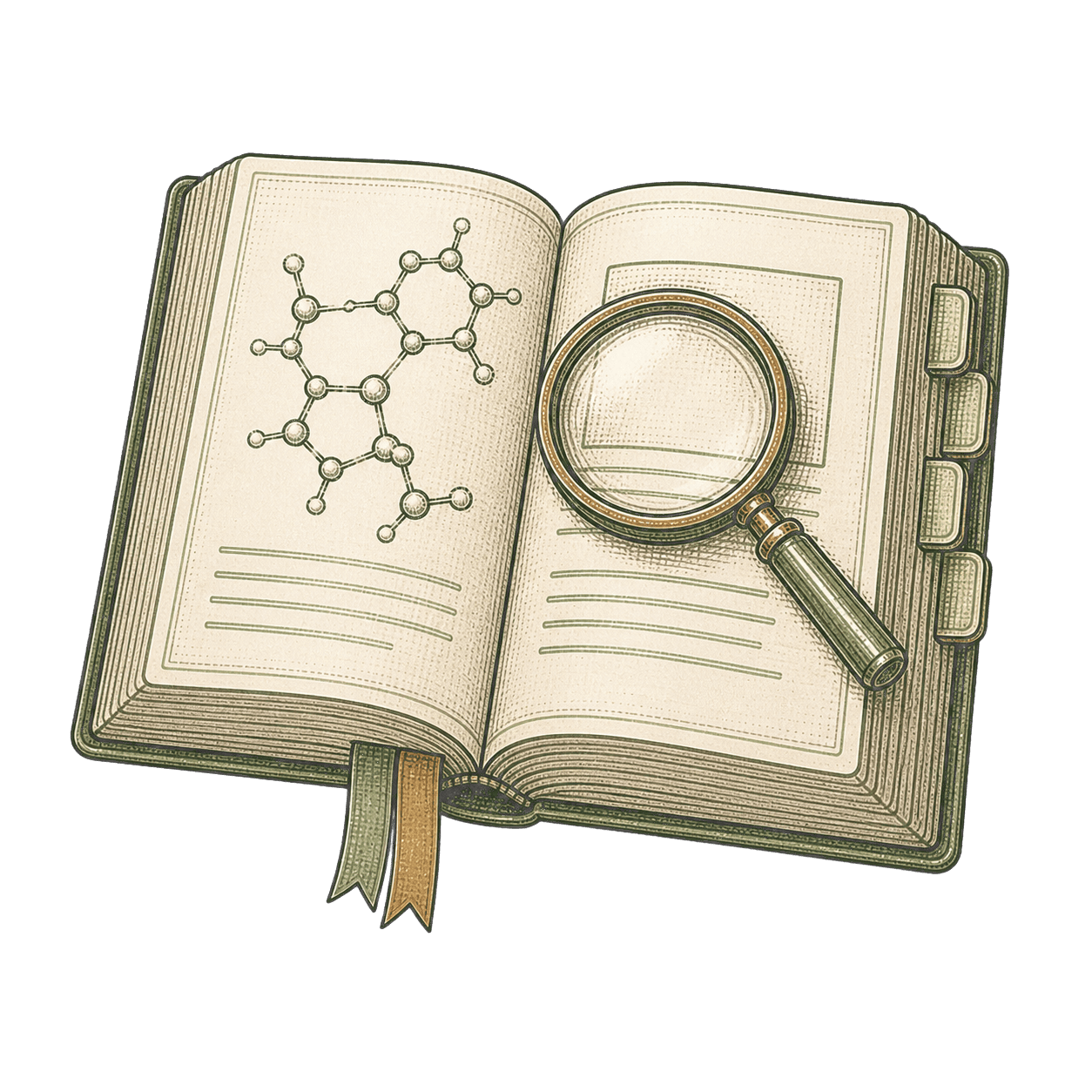 Open scientific reference book with molecular notation, index tabs, and a magnifying lens