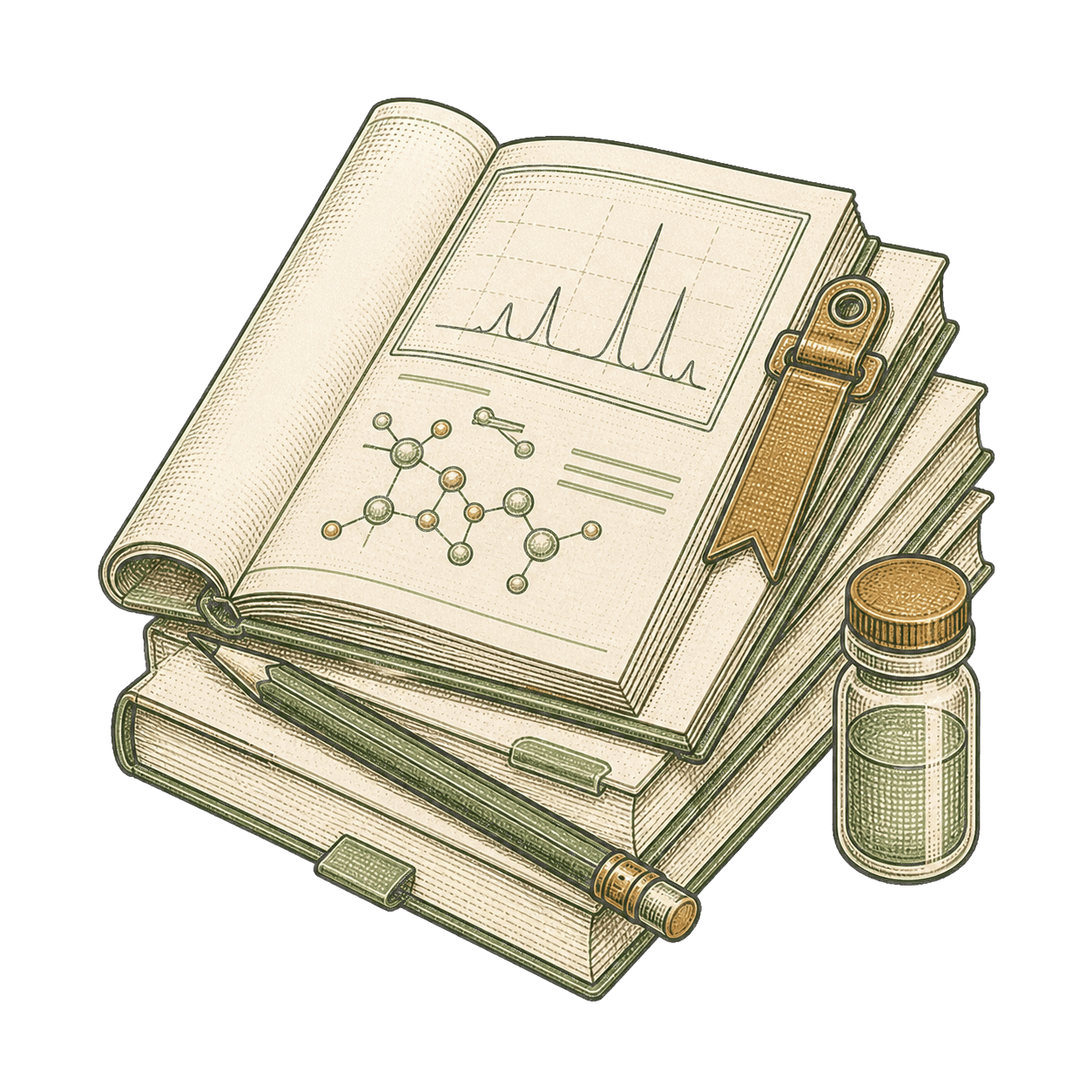 Stack of research briefs with a chromatogram, molecular diagram, pencil, bookmark, and vial