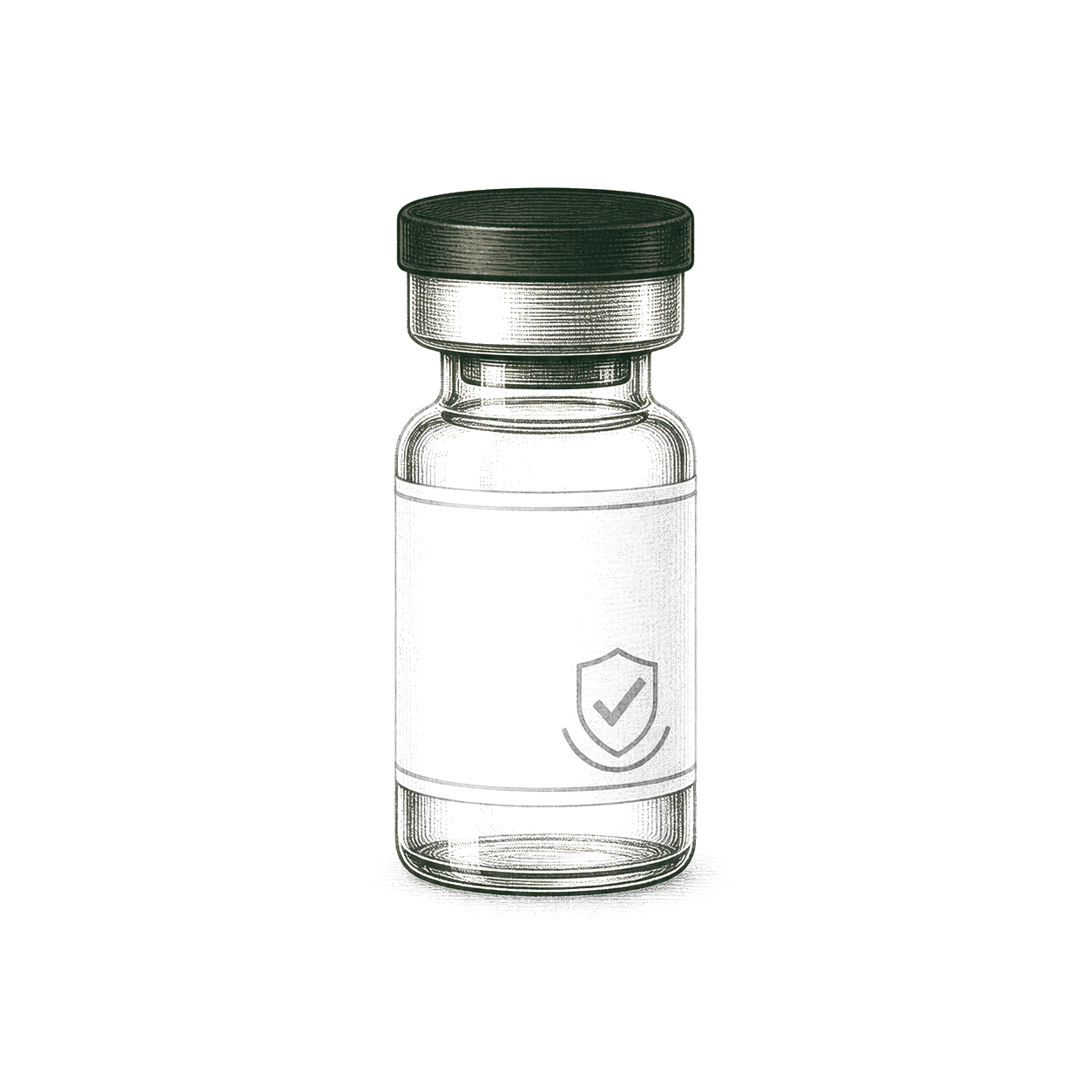 Illustration of a sealed research vial with a verification shield